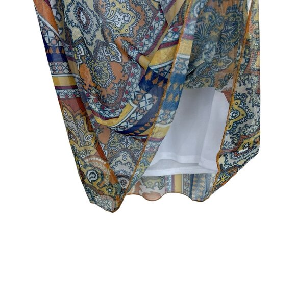 One World Tunic Tank Top Small Medium XL Mesh Overlay Blue Orange Rhinestone Art - Picture 5 of 11